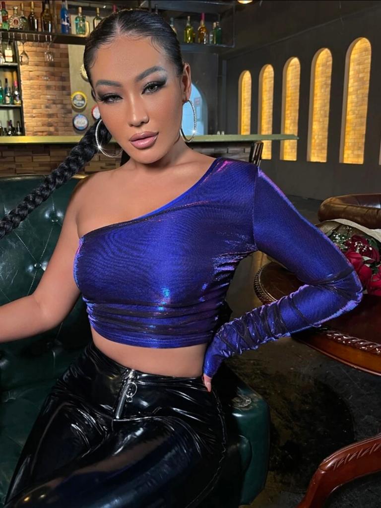 One Shoulder Ruched Metallic Crop Top