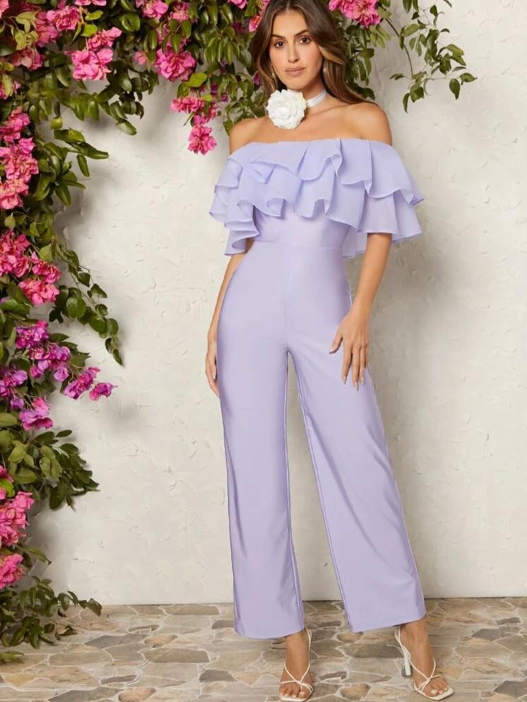 Off Shoulder Ruffle Trim Wide Leg Jumpsuit Kendiee