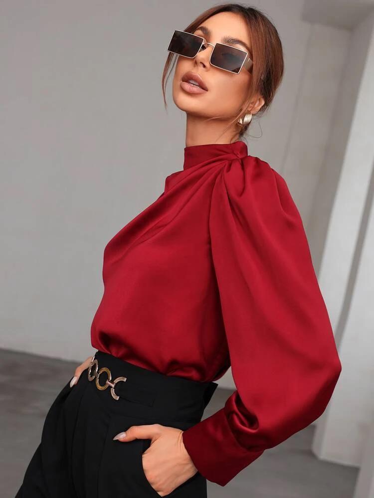 Mock Neck Puff Sleeve Satin Blouse