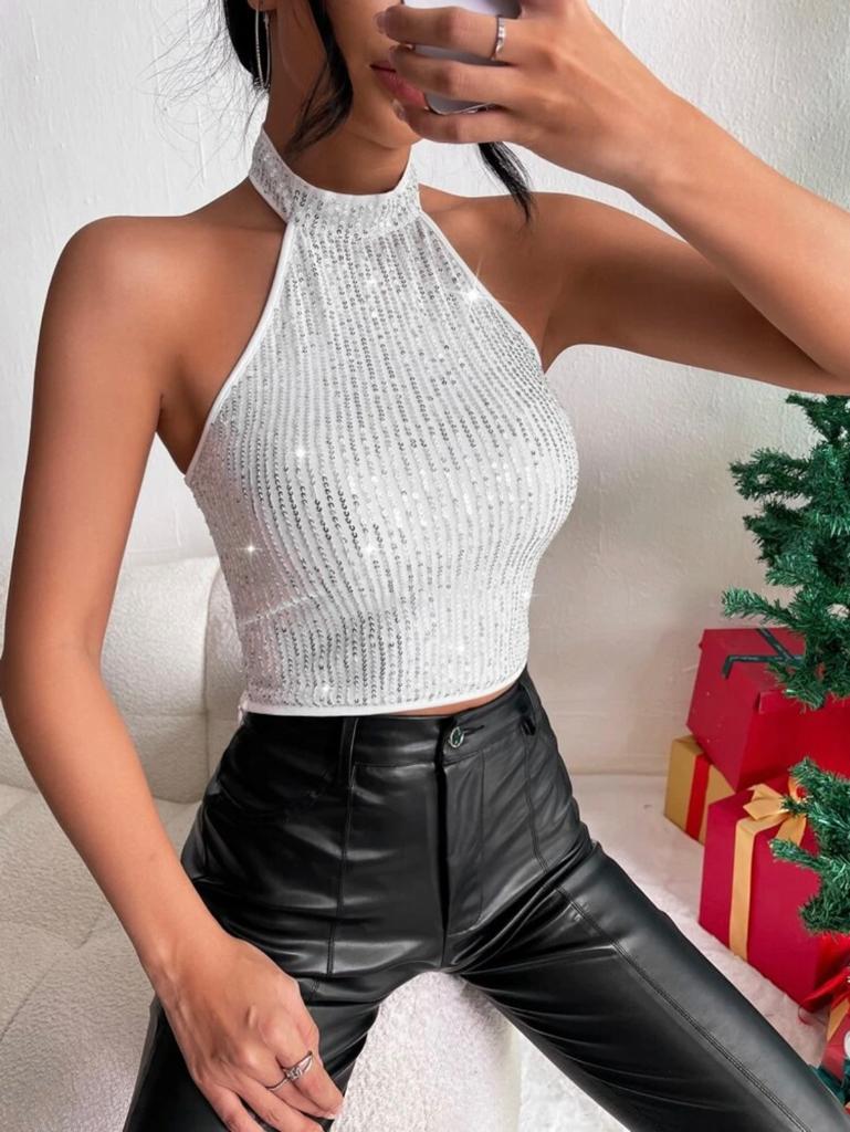 Backless Sequin Halter Top