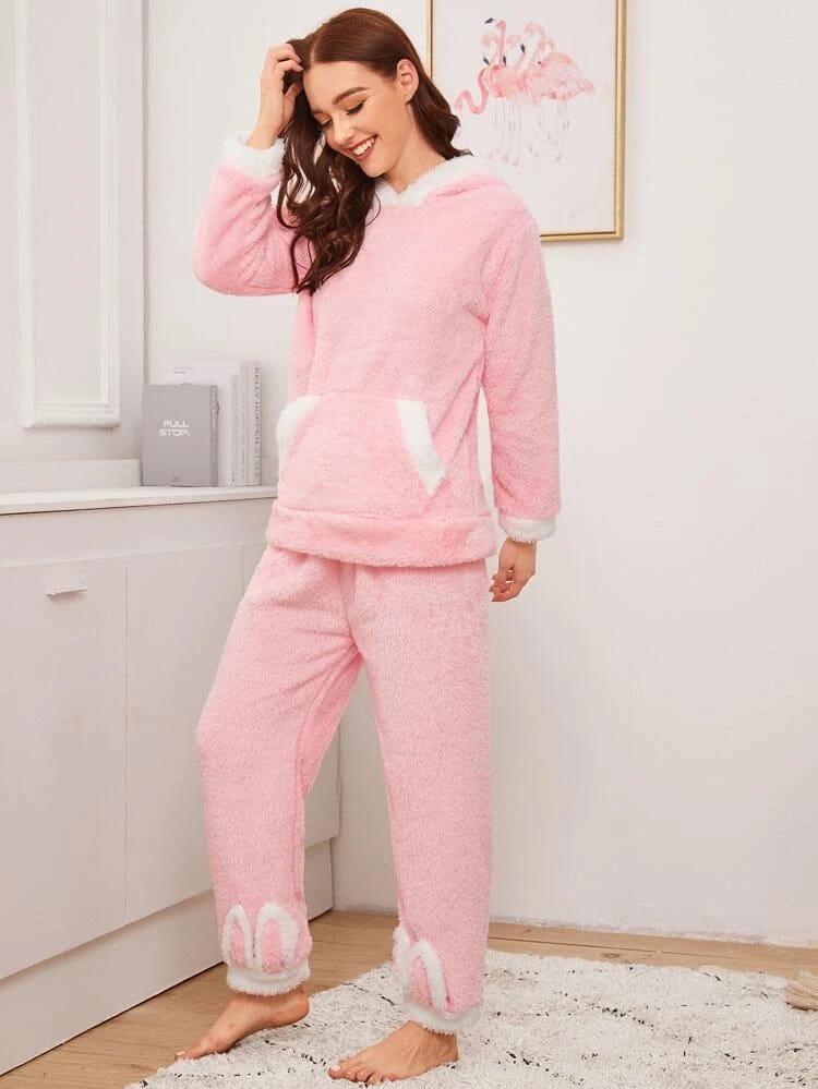 3D Ear Design Kangaroo Pocket Flannel Pajama Set freeshipping - Kendiee