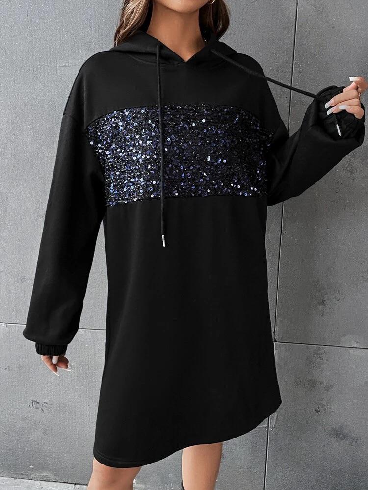 Contrast Sequin Drop Shoulder Drawstring Hoodie Dress