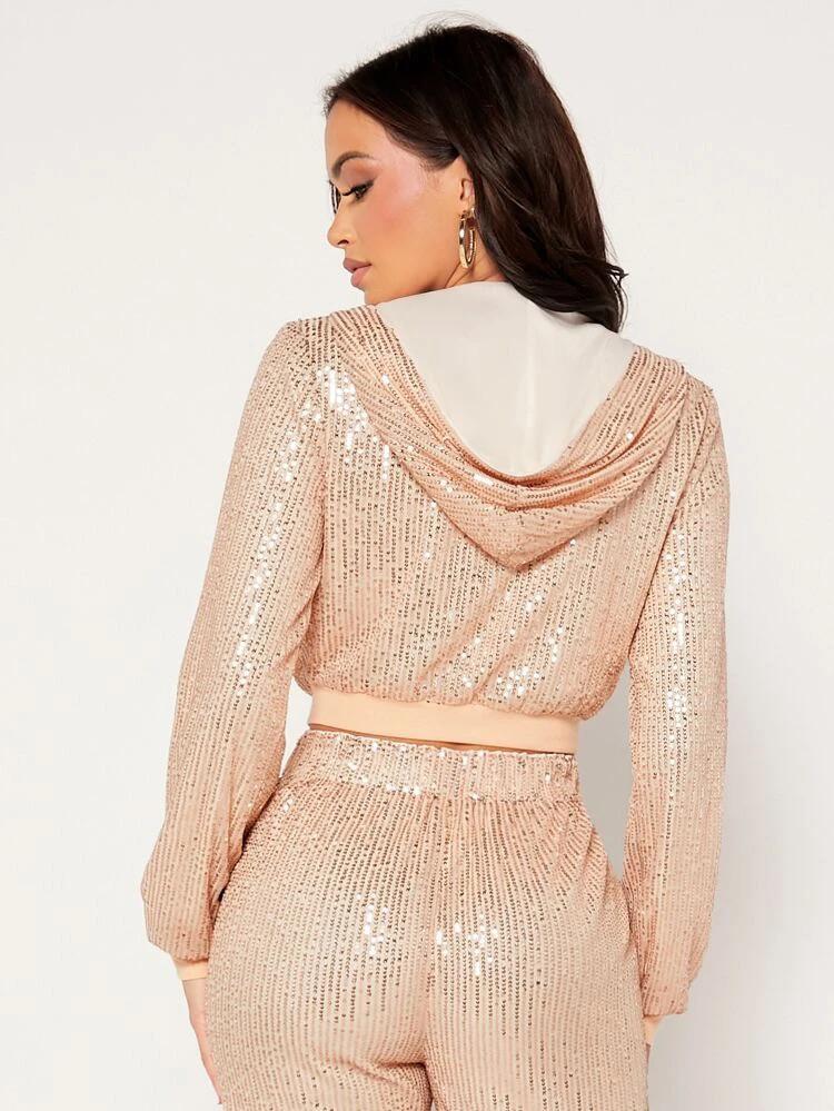 Zip Up Hooded Crop Sequins Jacket