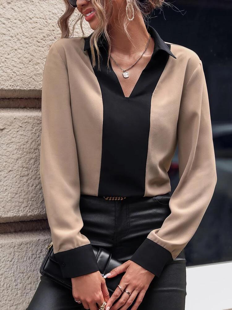 Colorblock Contrast Collar Blouse