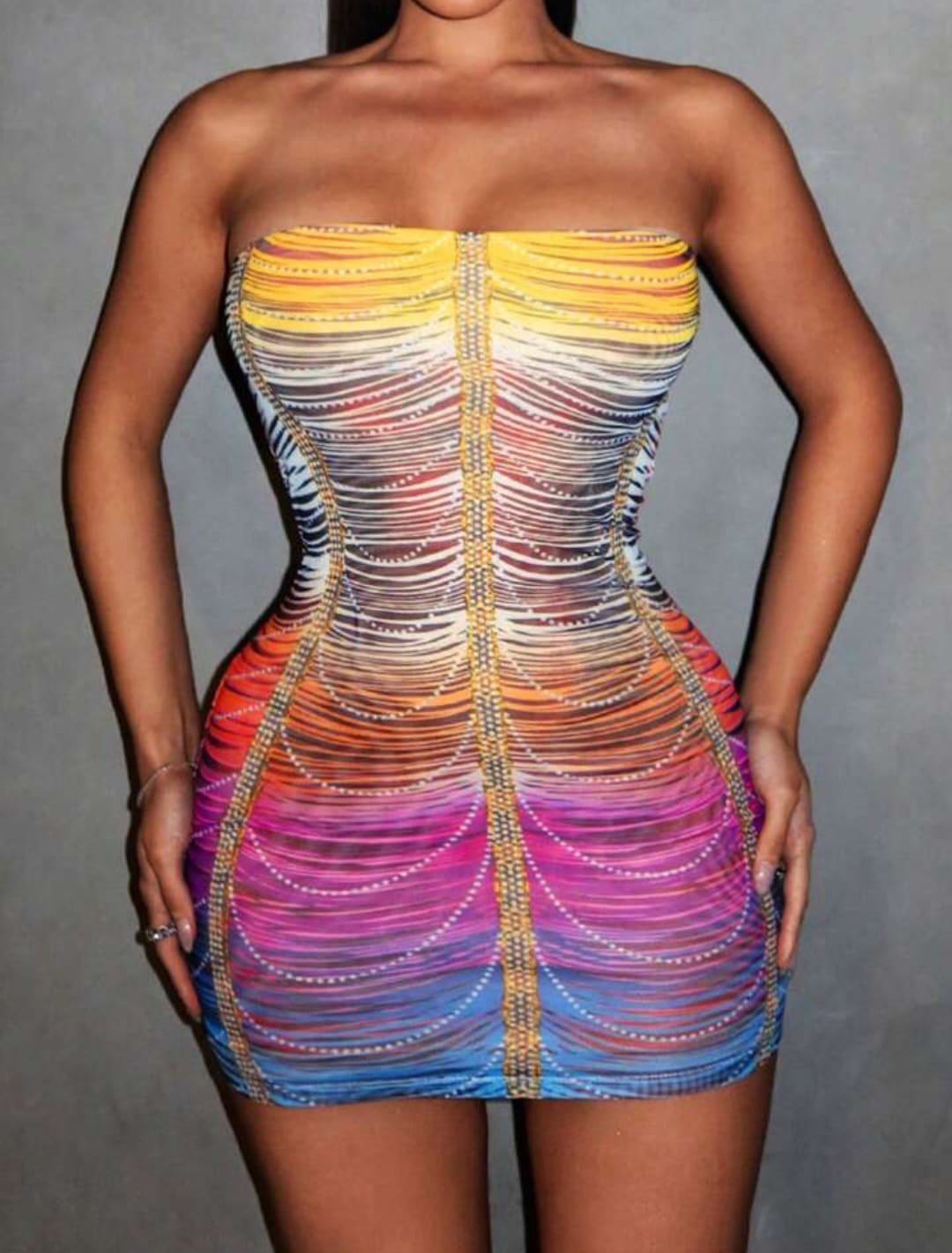 Rainbow Striped Rhinestone Mesh Printed Bodycon Dress