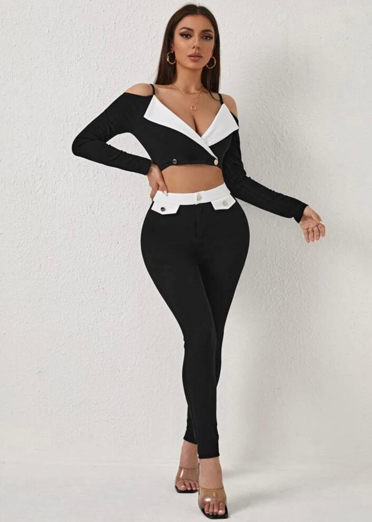 Colorblock Double Button Cold Shoulder Crop Top