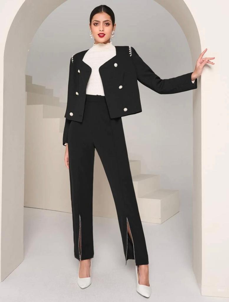 Solid Rhinestone And Pearls Detail Double Breasted Crop Jacket