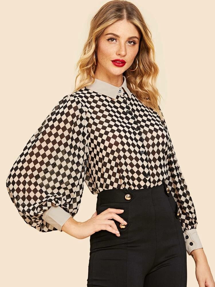 70s bishop checkerboard blouse freeshipping - Kendiee