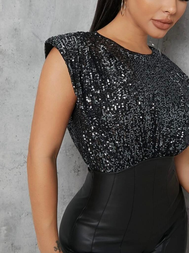Sequin Bodice Padded Shoulder Romper