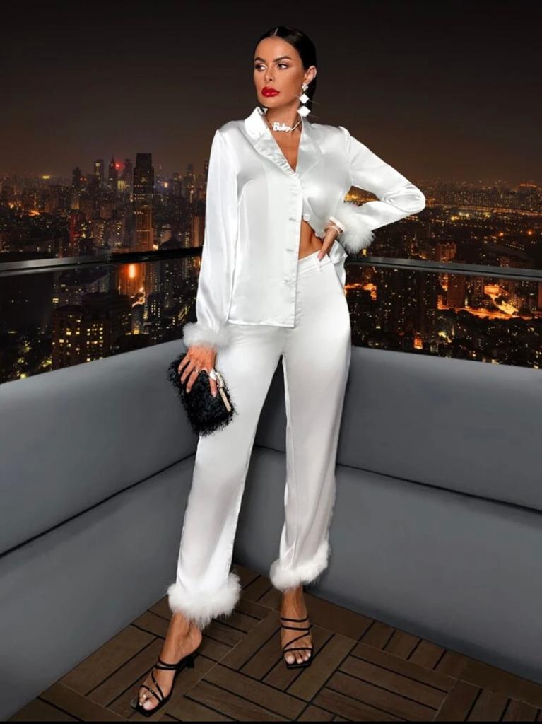 Fuzzy Trim Satin Shirt & Pants