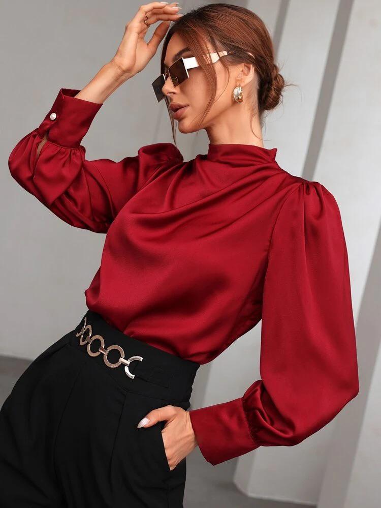 Mock Neck Puff Sleeve Satin Blouse