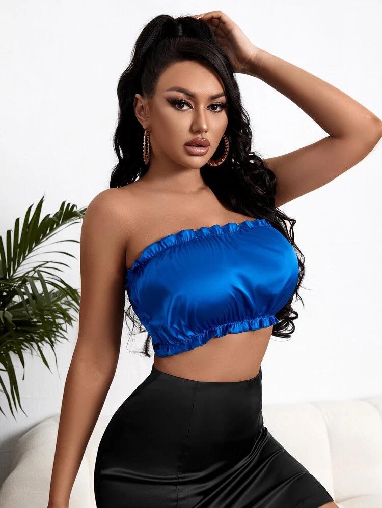 Frill Trim Satin Tube Top