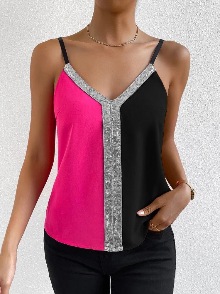 Colorblock Contrast Sequin Cami Top