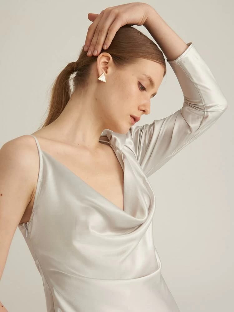 Asymmetrical neck draped front satin top freeshipping - Kendiee