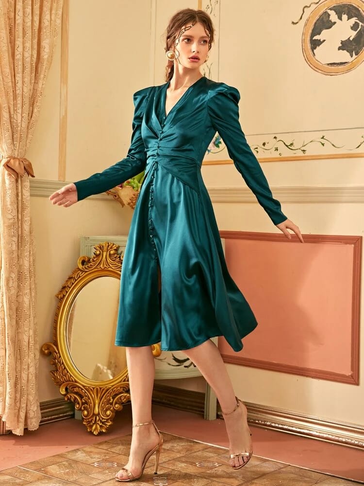Button Front Gigot Sleeve Satin Dress freeshipping - Kendiee