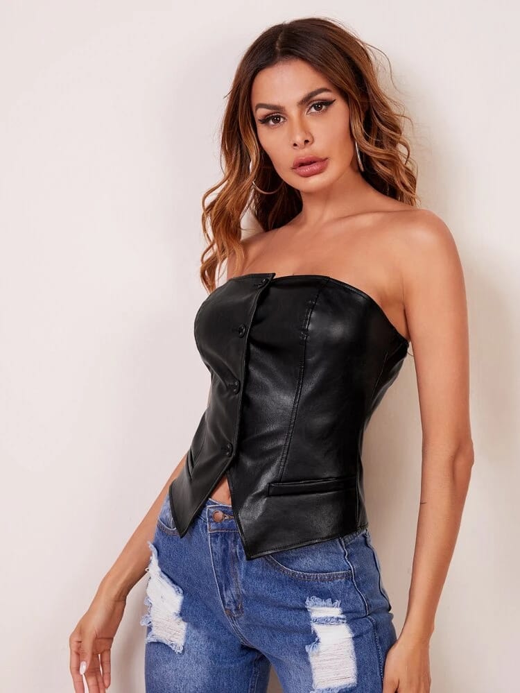 Button Front PU Leather Tube Top freeshipping - Kendiee