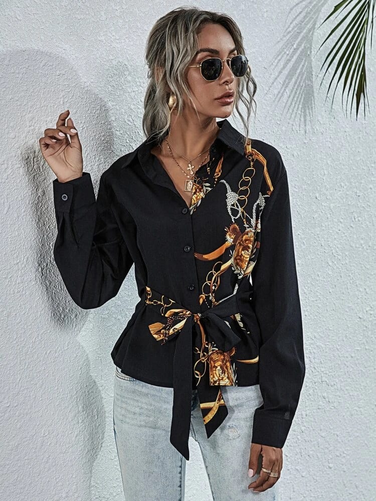 Chain Print Tie Front Blouse freeshipping - Kendiee