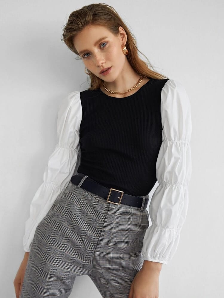 Colorblock Elastic Sleeve Rib-Knit Top freeshipping - Kendiee