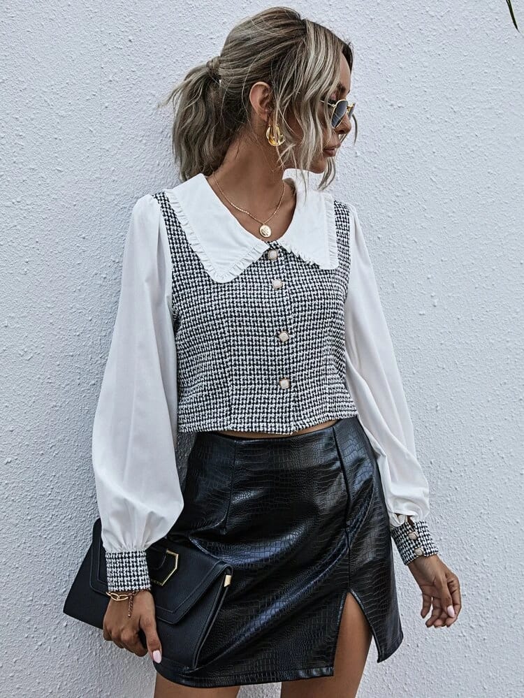 Colorblock Frill Trim Peter Pan Collar Blouse freeshipping - Kendiee