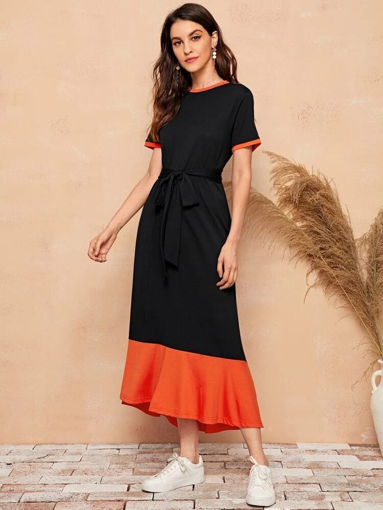 Contrast Binding Ruffle Hem Belted Dress freeshipping - Kendiee