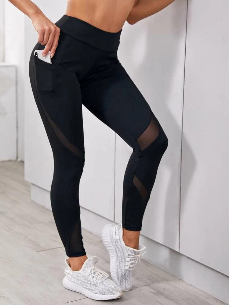 Contrast Mesh Sports Leggings With Phone Pocket freeshipping - Kendiee