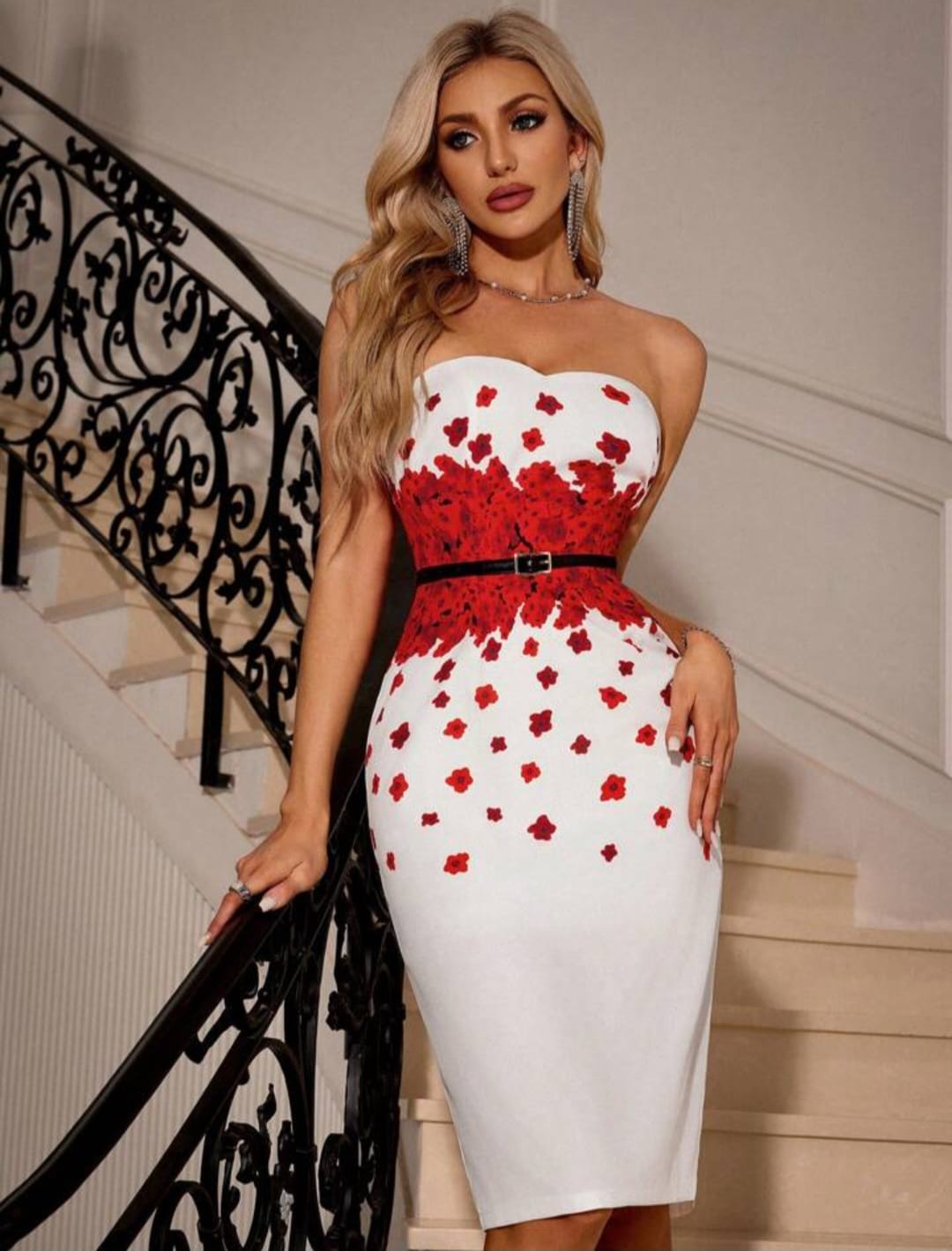 Sweetheart Neckline Floral Printed Bodycon Strapless Dress Without Belt