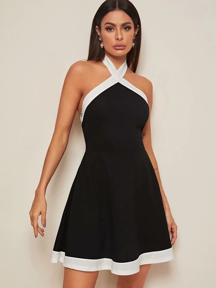 Contrast Trim Crisscross Halter Skater Dress freeshipping - Kendiee