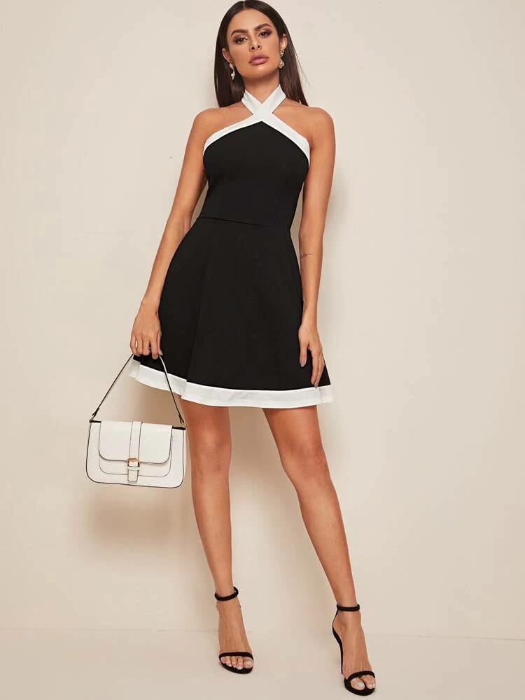 Contrast Trim Crisscross Halter Skater Dress freeshipping - Kendiee
