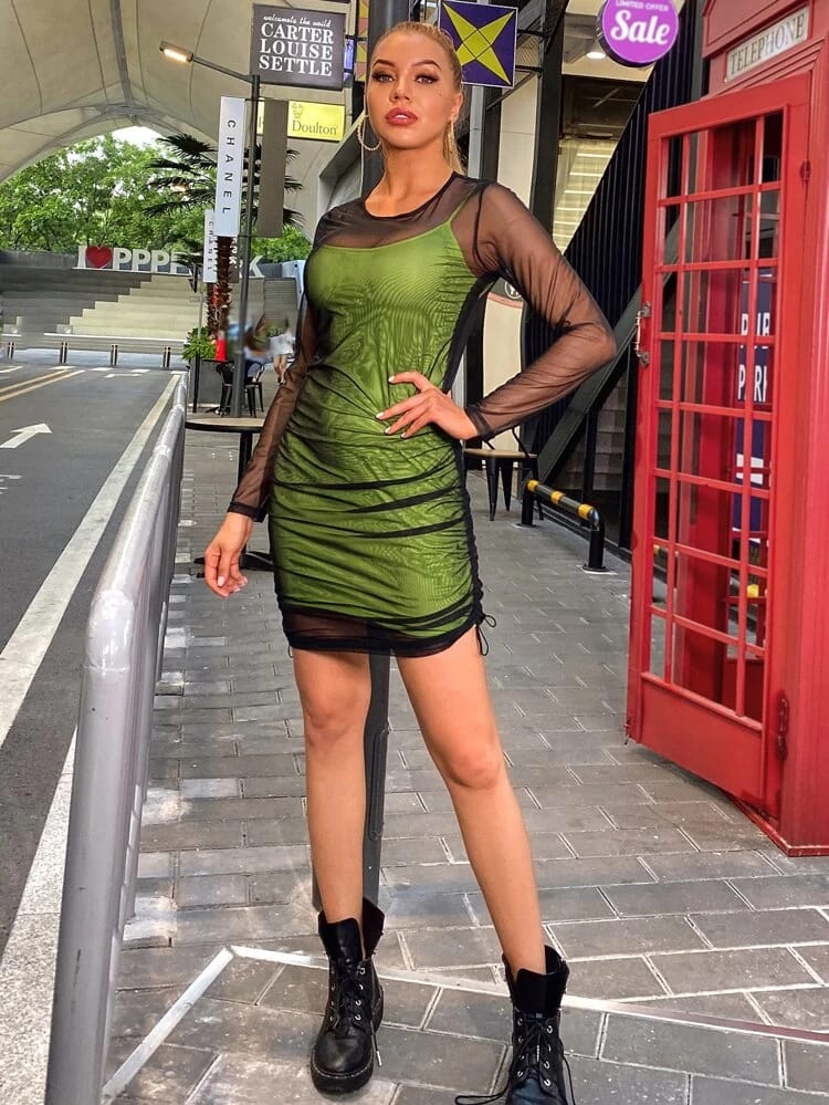 Drawstring Side Mesh Dress With Slip Dress freeshipping - Kendiee