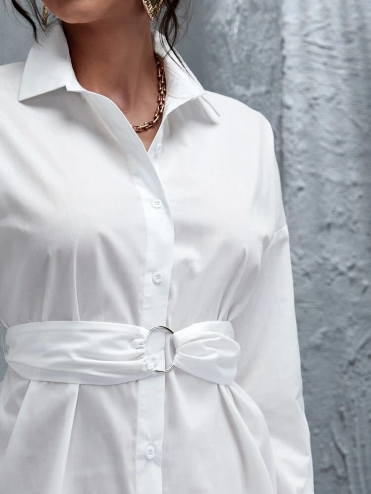 Drop Shoulder Button Front Belted Dress freeshipping - Kendiee