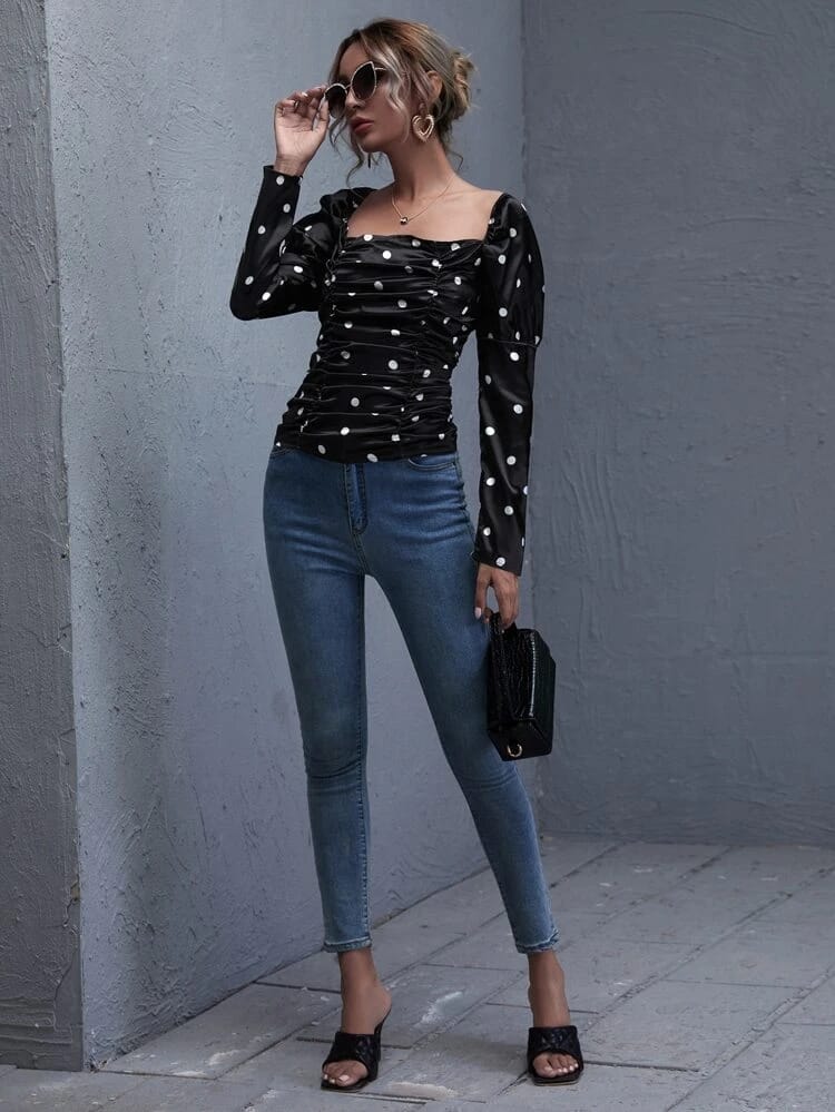 Gigot Sleeve Ruched Polka Dot Top freeshipping - Kendiee