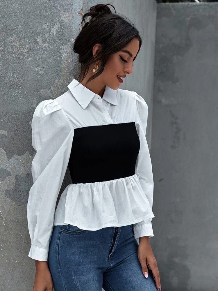 Gigot Sleeve Two Tone Peplum Top freeshipping - Kendiee