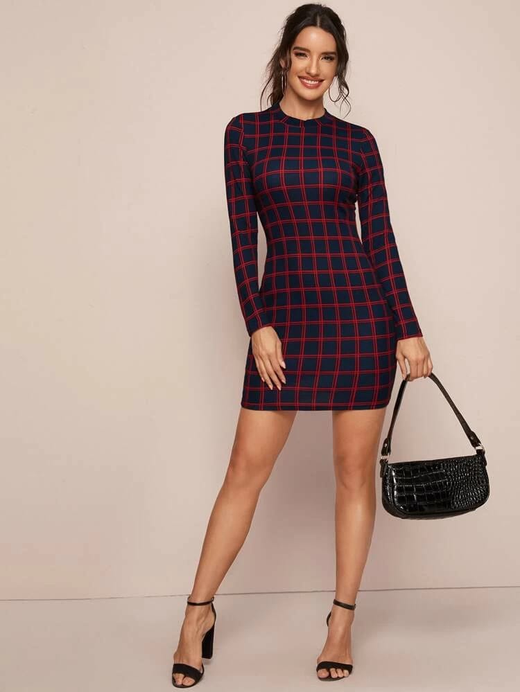 Grid Bodycon Dress freeshipping - Kendiee