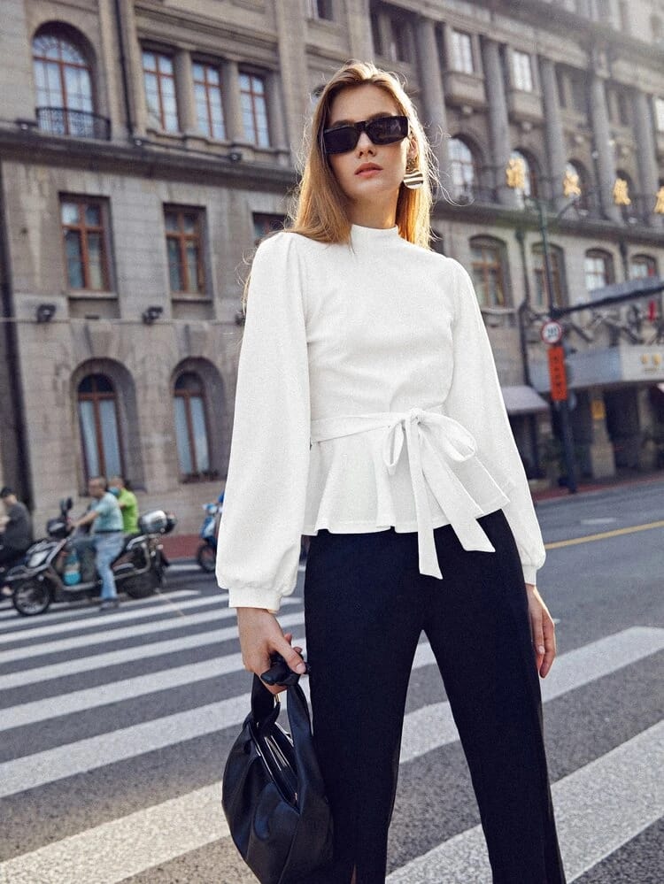 Mock Neck Solid Belted Top freeshipping - Kendiee