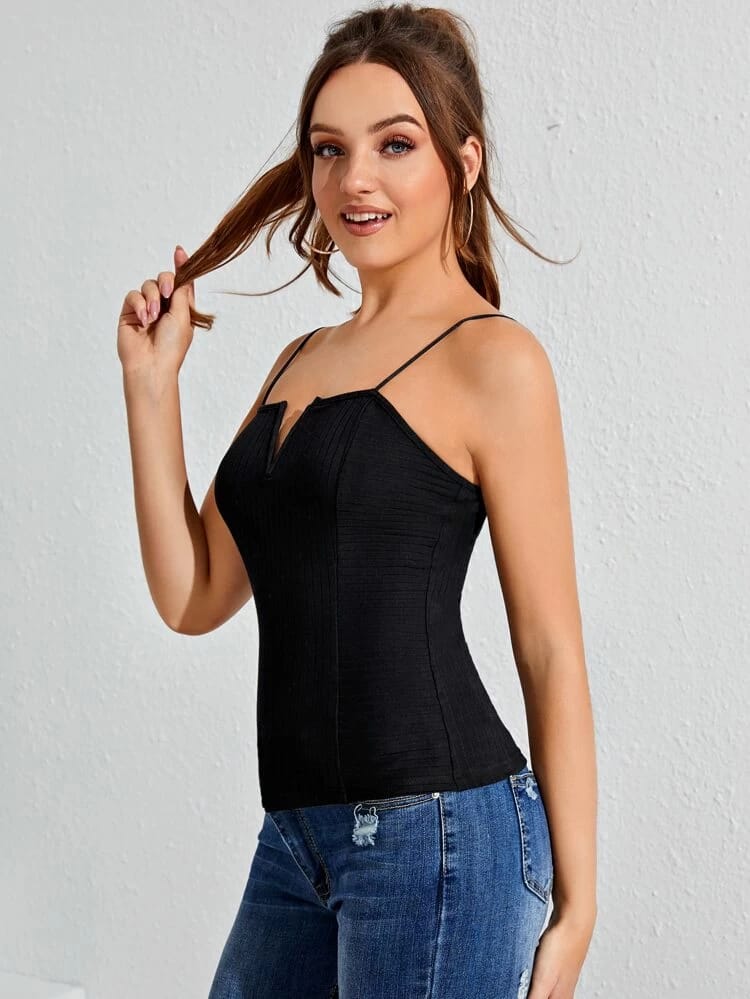 Notched Neck Rib-Knit Cami Top freeshipping - Kendiee