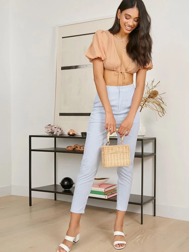 Plunging Tie Front Lantern Sleeve Crop Top freeshipping - Kendiee