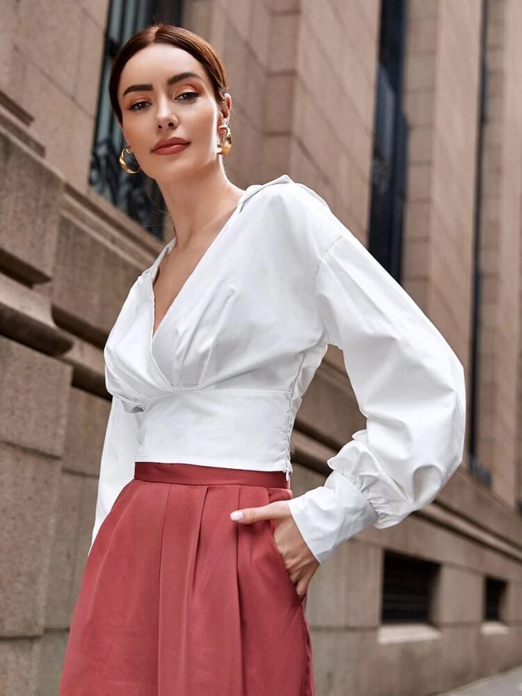 Surplice Neck Fold Pleat Crop Top freeshipping - Kendiee