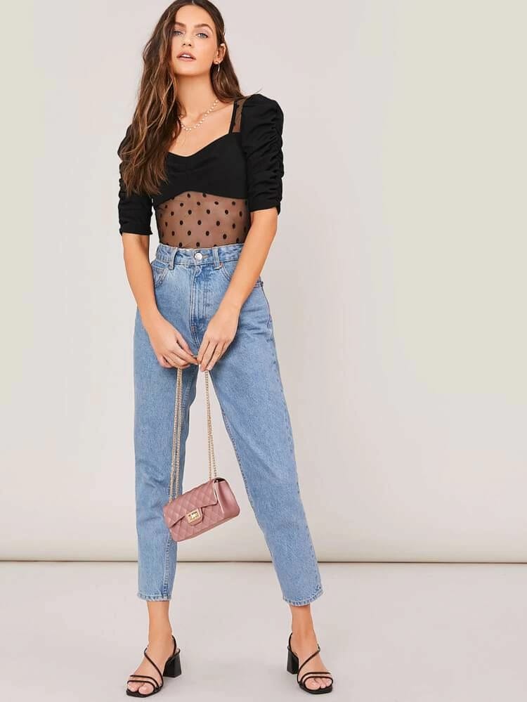 Sweetheart Neck Gathered Sleeve Dobby Mesh Top freeshipping - Kendiee