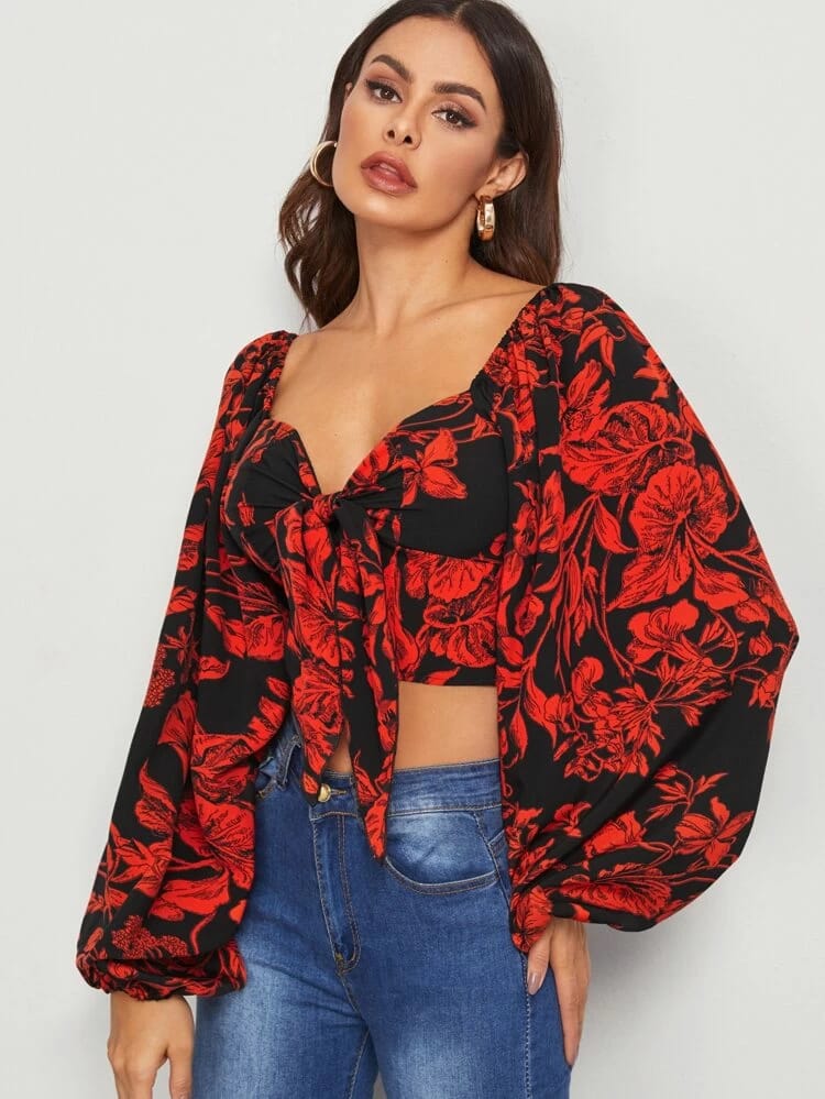 Tie Front Shirred Detail Bishop Sleeve Floral Crop Top freeshipping - Kendiee