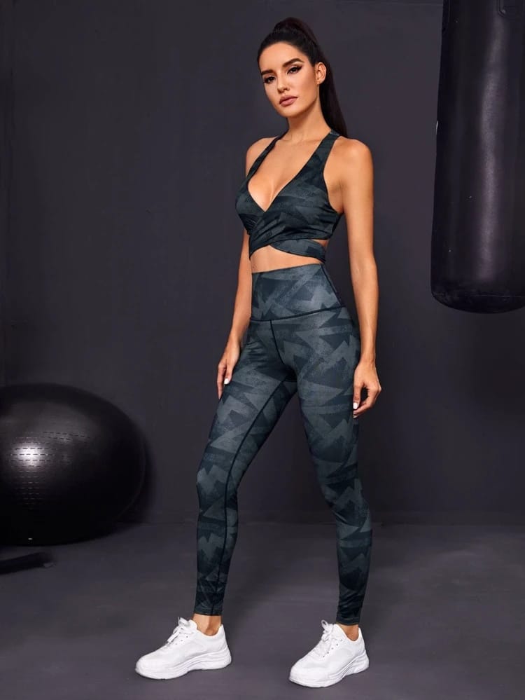 Geo Print Crossover Sports Bra & Leggings freeshipping - Kendiee