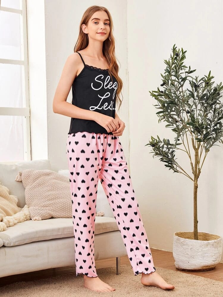 Slogan Graphic Cami Top & Heart Pants PJ Set freeshipping - Kendiee