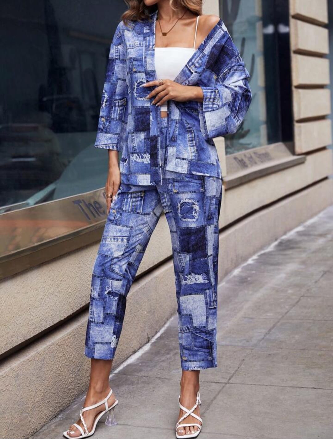 Patchwork Print Open Front Blouse & Pants