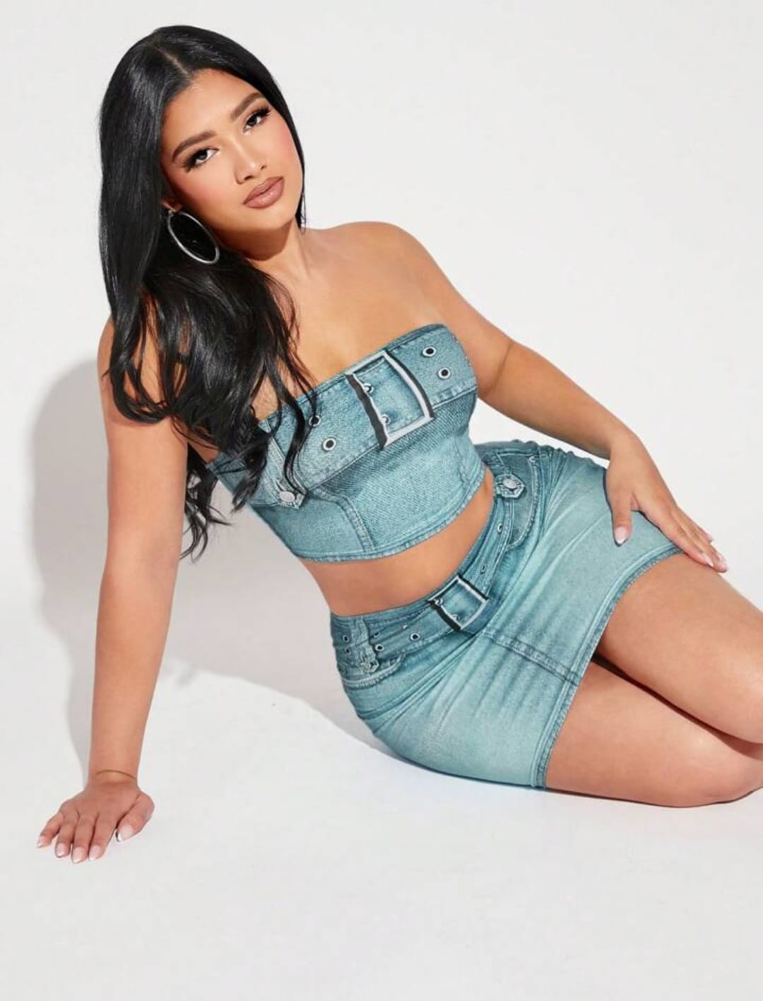 Denim-Effect Print Tube Top & Bodycon Skirt