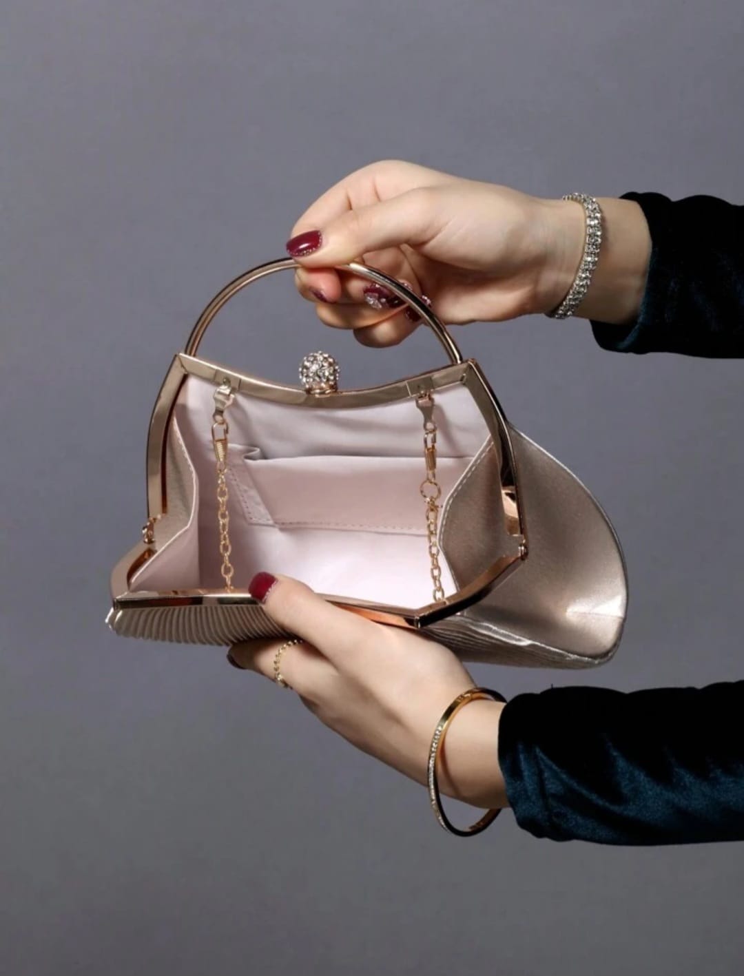 Rhinestone Decorated Metallic Clutch Evening Bag