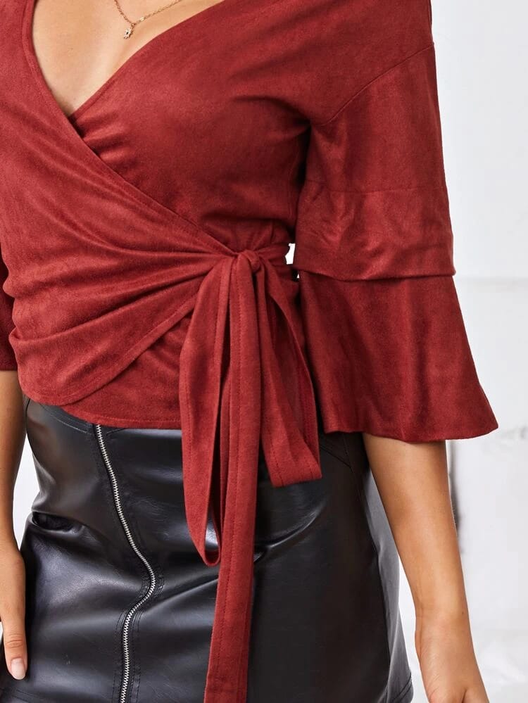 Wrap Tie Side Flounce Sleeve Top freeshipping - Kendiee