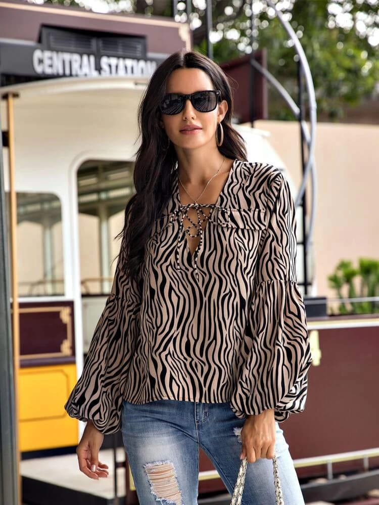 Zebra stripe tie neck lantern sleeve blouse freeshipping - Kendiee