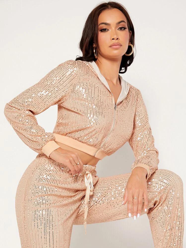 Zip Up Hooded Crop Sequins Jacket