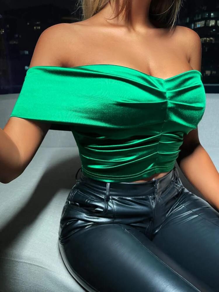 Off Shoulder Ruched Satin Top