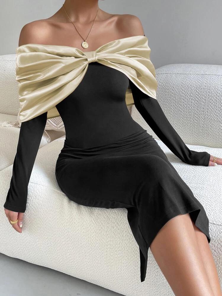 Two Tone Off Shoulder Fold Over Bodycon Dress