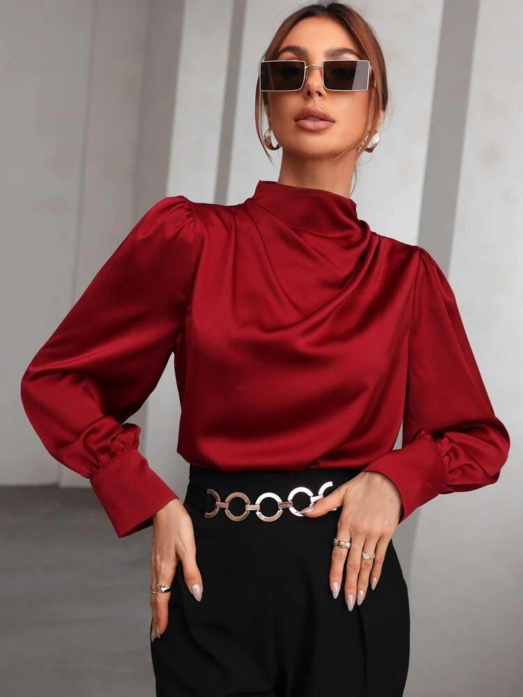 Mock Neck Puff Sleeve Satin Blouse